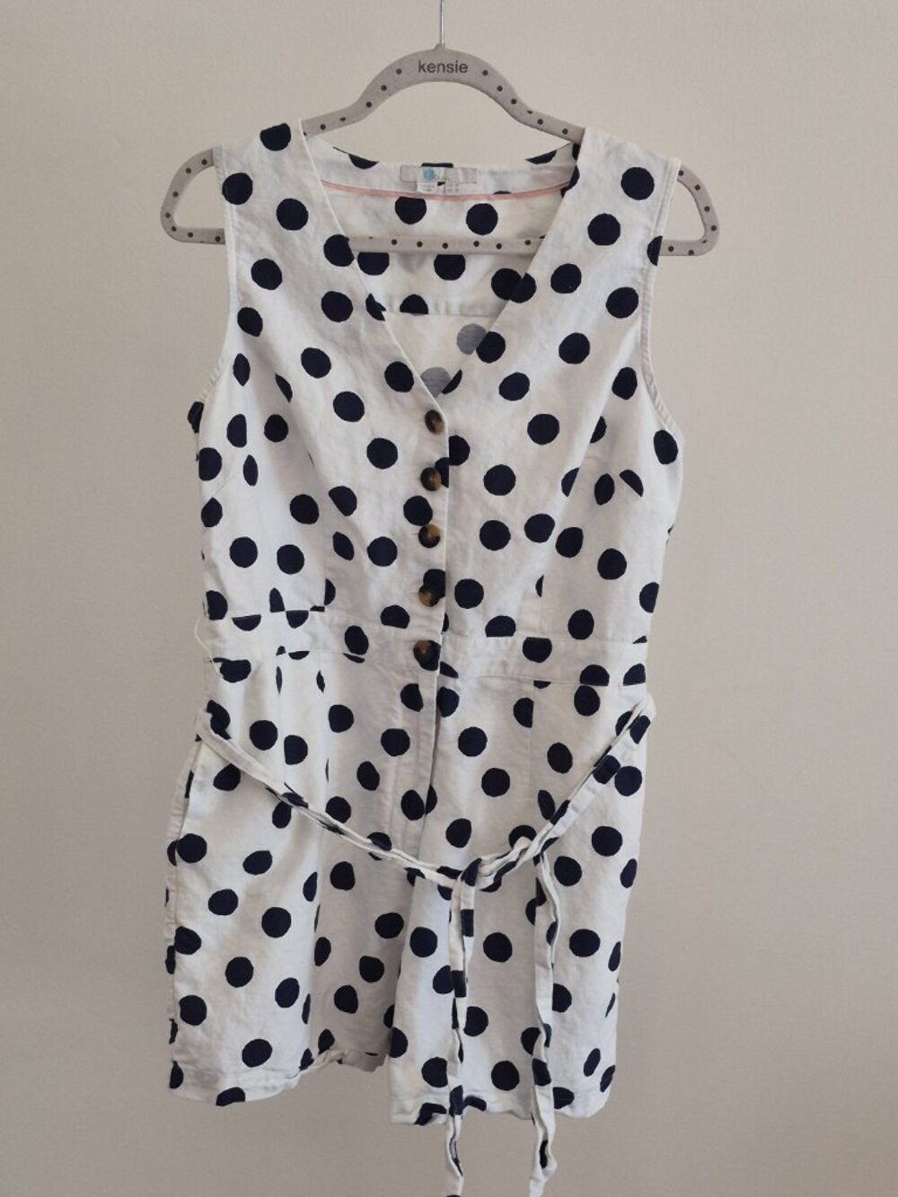 Boden Romper Women’s 10 Linen Cotton Polka Dot Button Front Belted Navy White